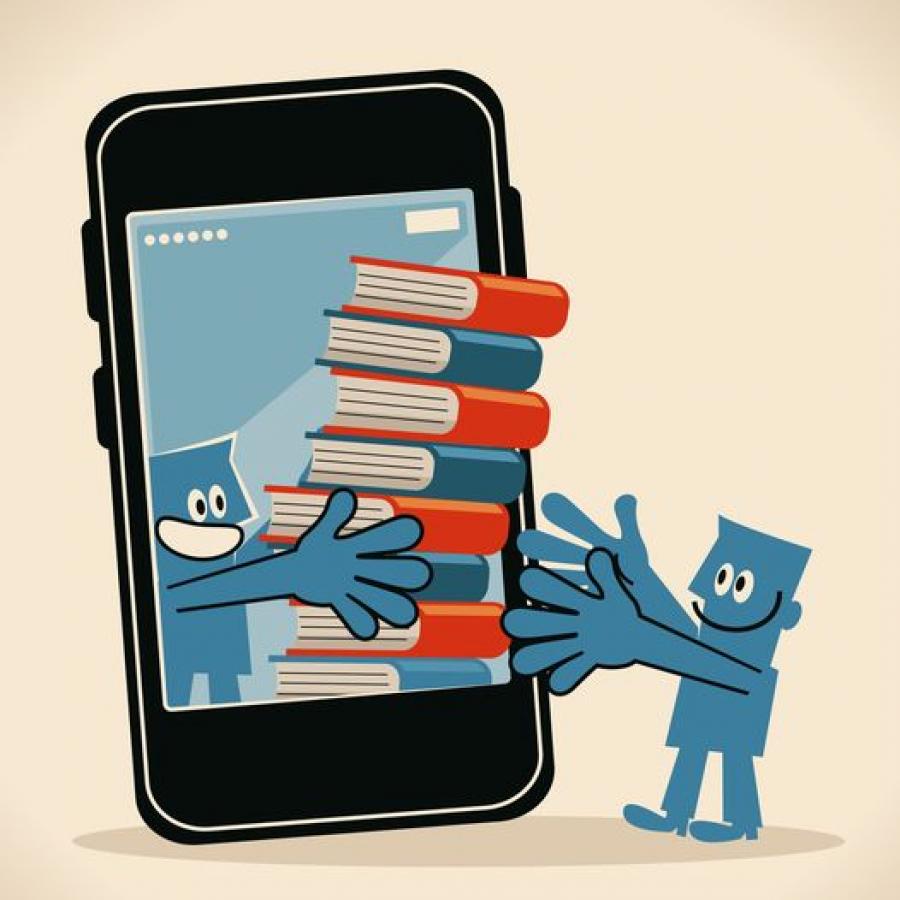 Tegning af smartphone, der giver bøger ud
