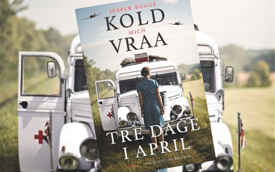 Forside af bogen Tre dage i april med kvinde der står med ryggen til foran en hvid bus